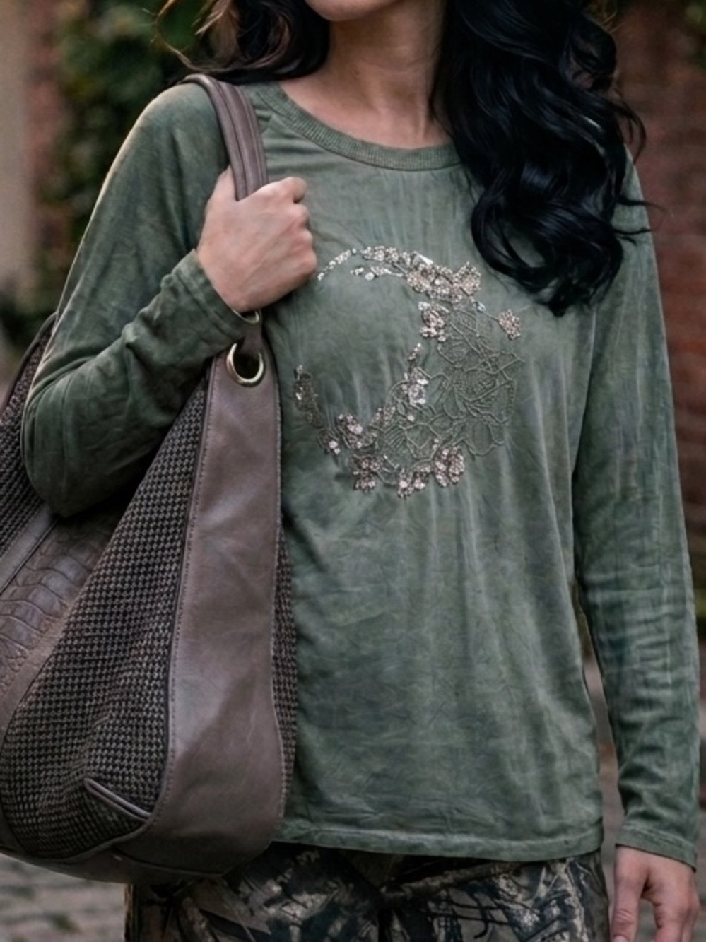 Olive green long sleeve pullover shirt with Sequin floral detail Medium